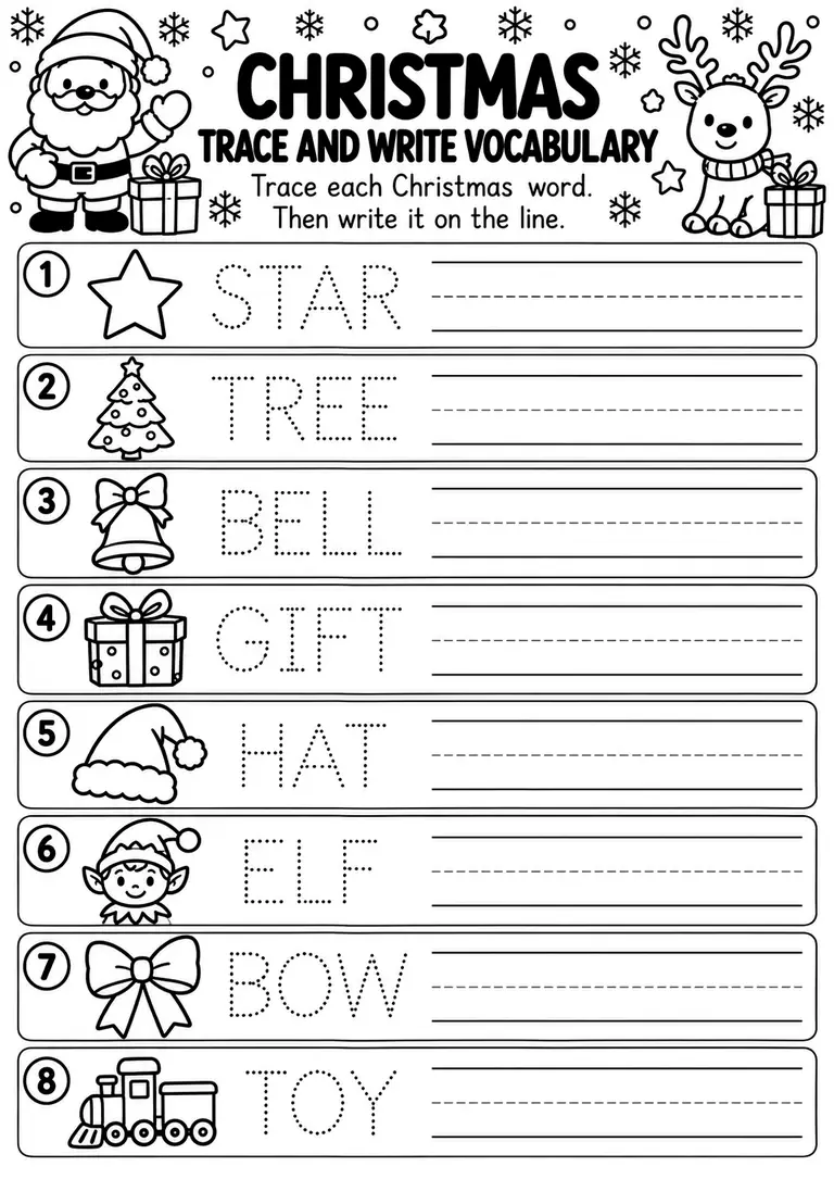 Christmas Trace and Write Vocabulary for Preschool, Pre-K, Kindergarten