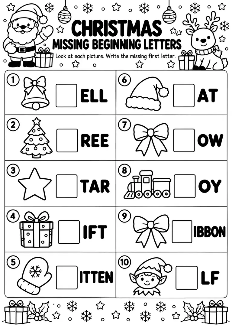Christmas Missing Beginning Letters for Preschool, Pre-K, Kindergarten