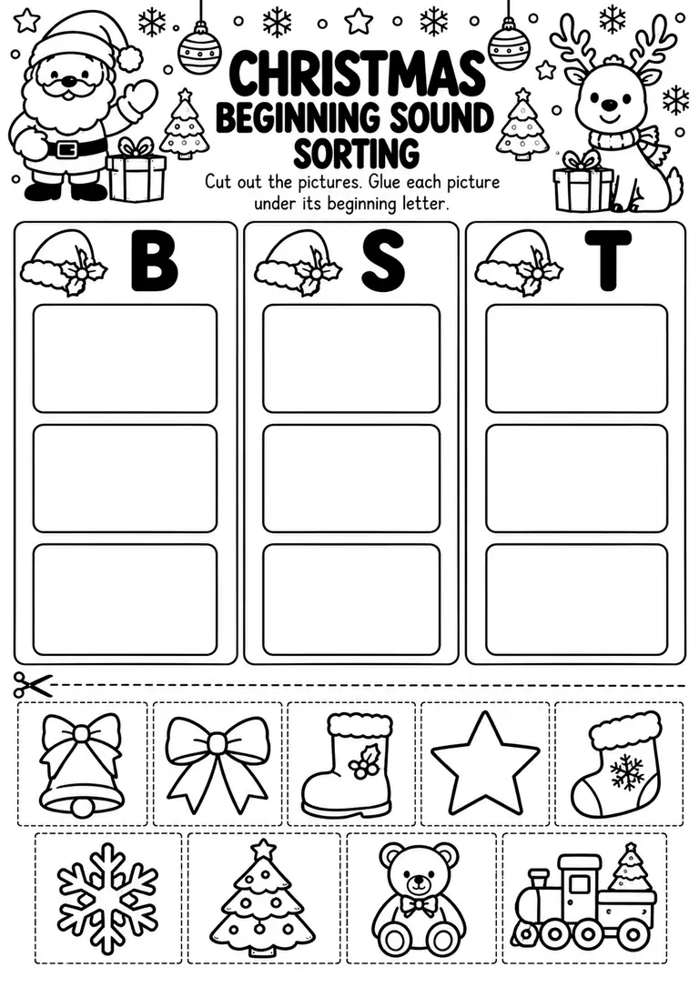 Christmas Beginning Sound Sorting for Preschool, Pre-K, Kindergarten