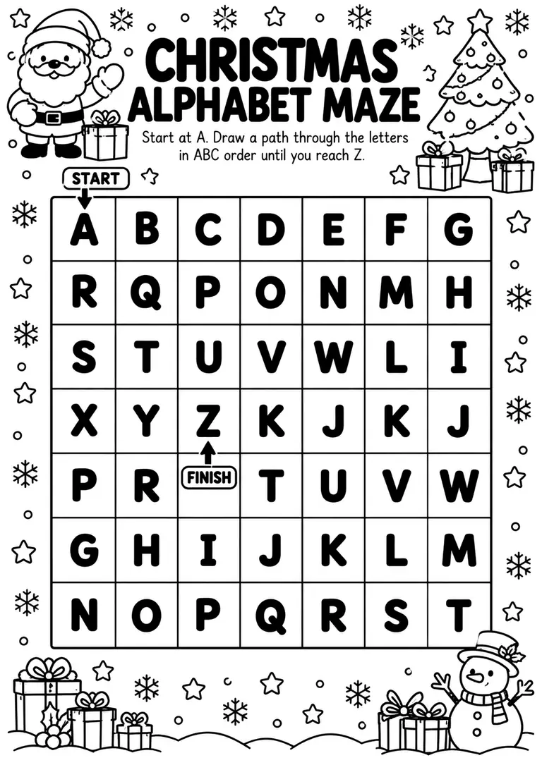 Christmas Alphabet Maze for Preschool, Pre-K, Kindergarten