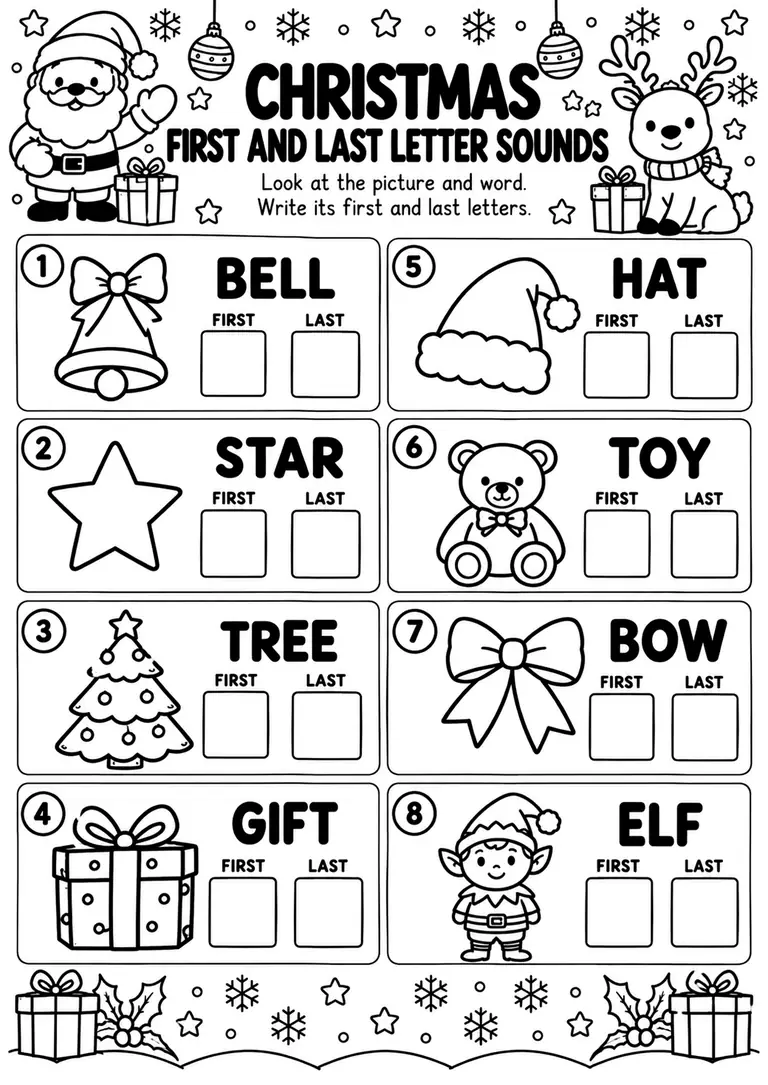 Christmas First and Last Letter Sounds for Preschool, Pre-K, Kindergarten