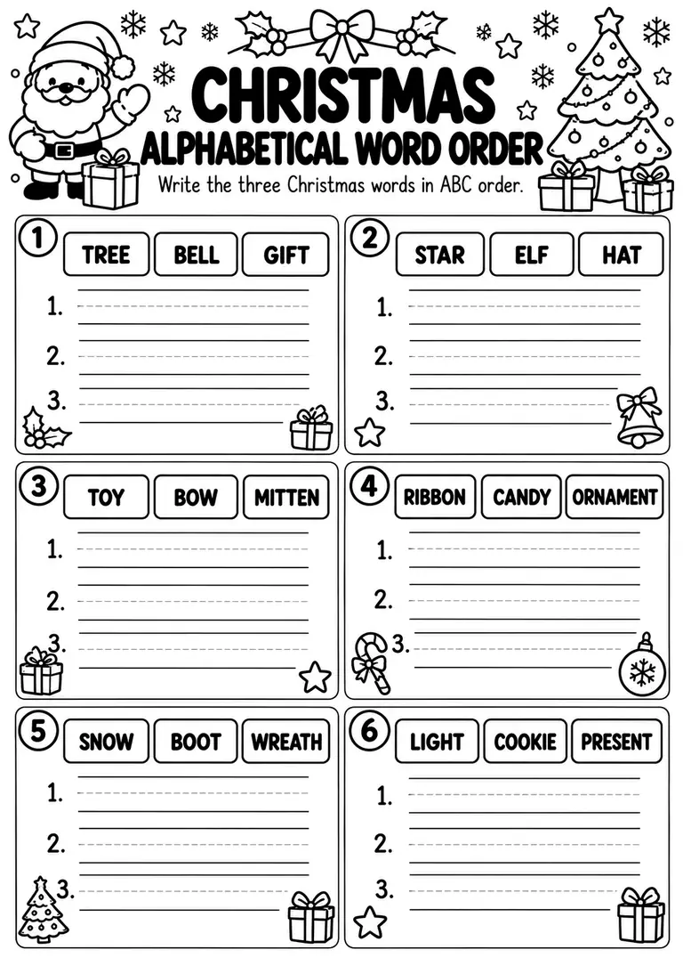 Christmas Alphabetical Word Order for Preschool, Pre-K, Kindergarten