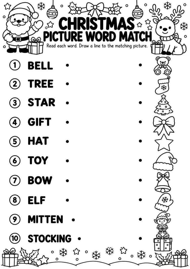 Christmas Picture Word Match for Preschool, Pre-K, Kindergarten