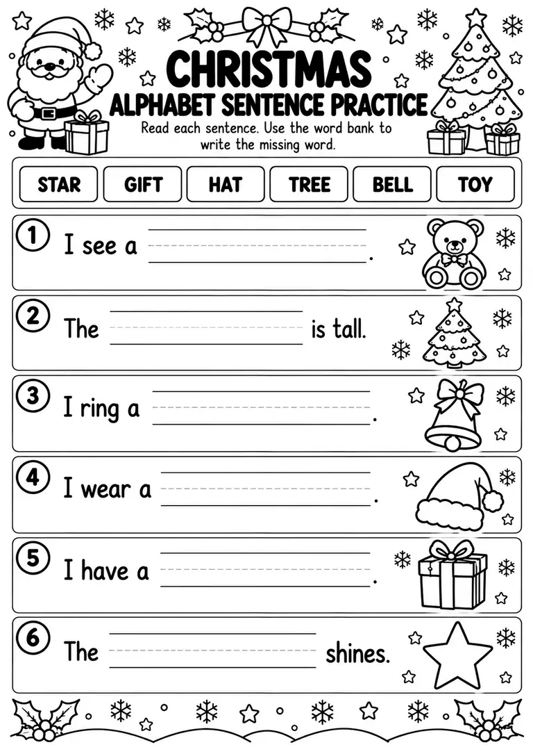 Christmas Alphabet Sentence Practice for Preschool, Pre-K, Kindergarten