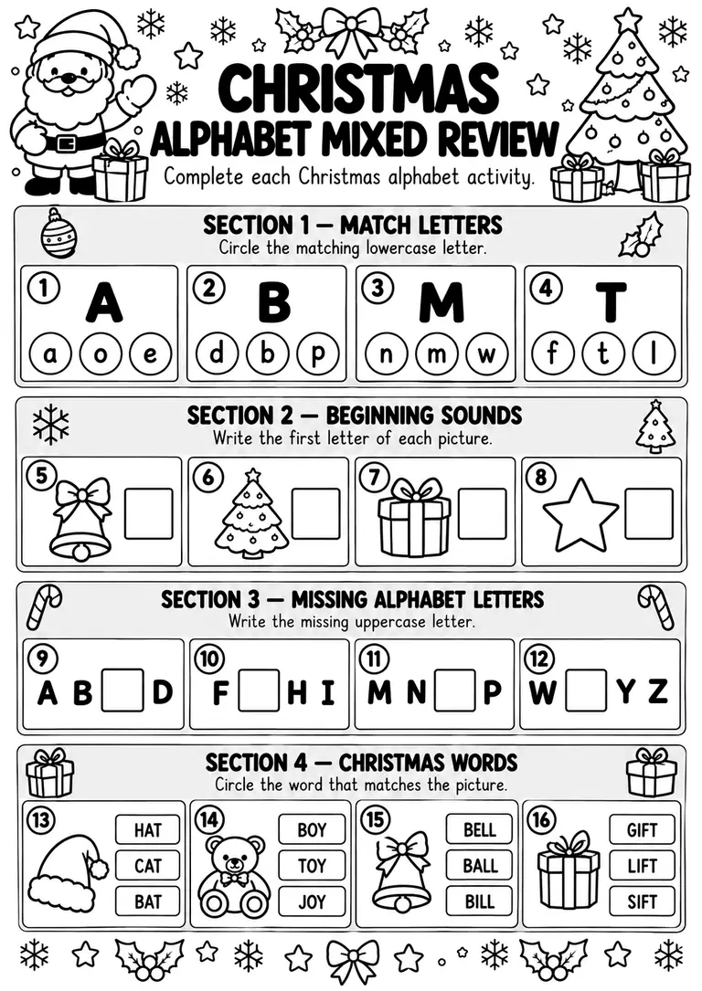 Christmas Alphabet Mixed Review for Preschool, Pre-K, Kindergarten