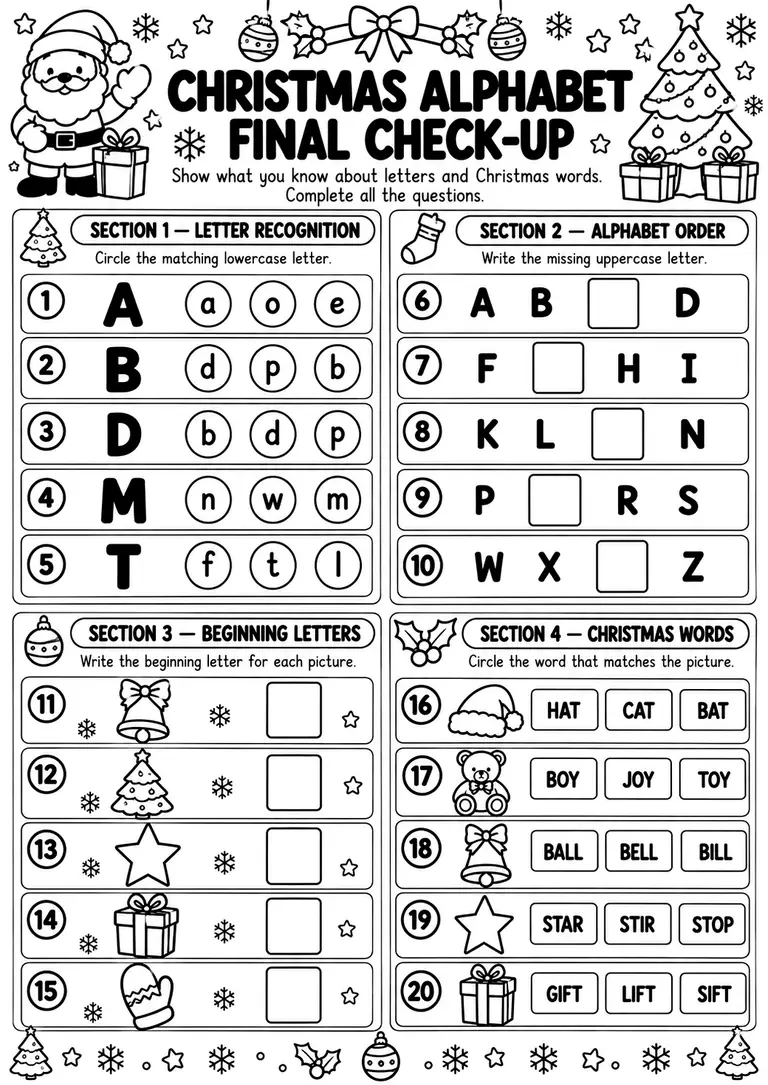 Christmas Alphabet Final Check-Up for Preschool, Pre-K, Kindergarten