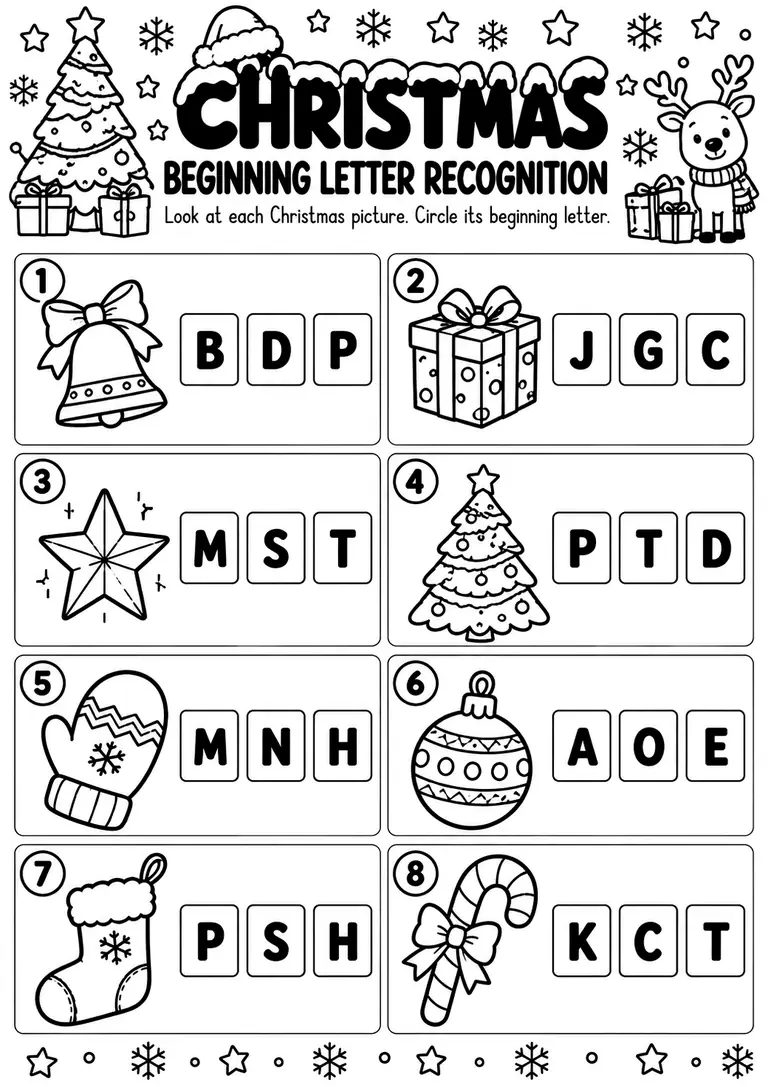 Christmas Beginning Letter Recognition for Preschool, Pre-K, Kindergarten