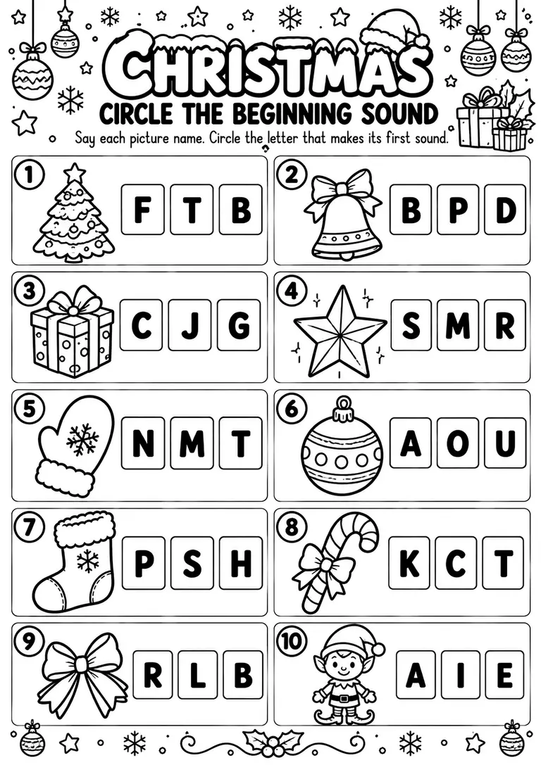 Christmas Circle the Beginning Sound for Preschool, Pre-K, Kindergarten