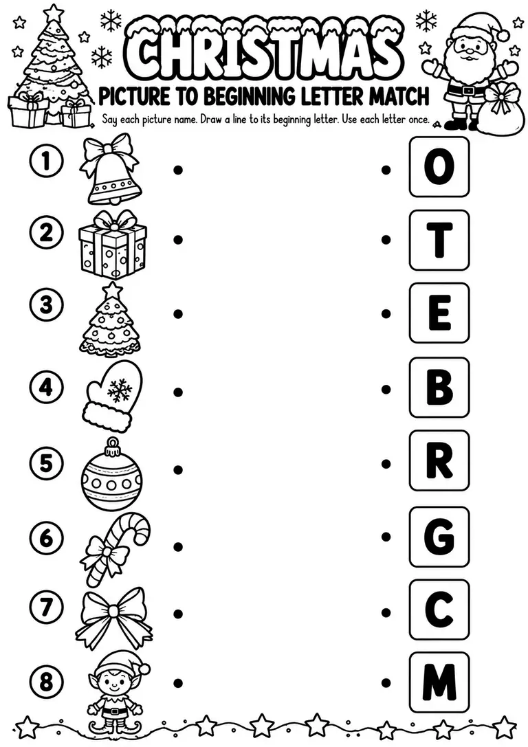 Christmas Picture to Beginning Letter Match for Preschool, Pre-K, Kindergarten