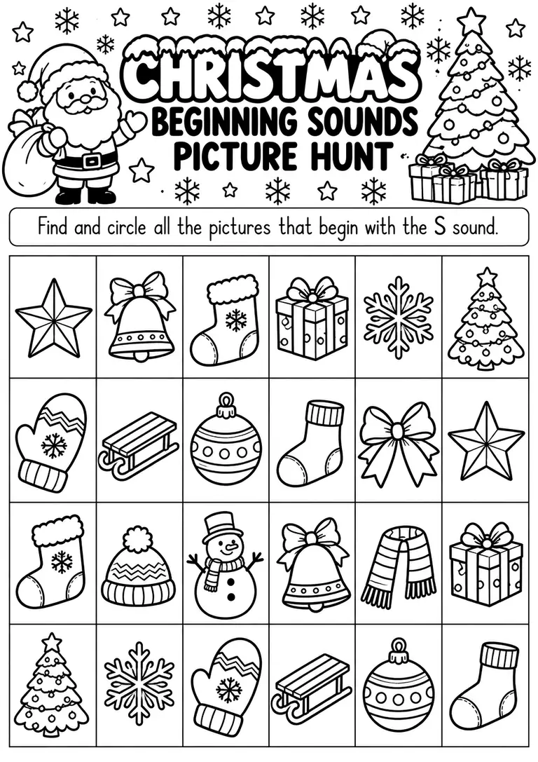 Christmas Beginning Sounds Picture Hunt for Preschool, Pre-K, Kindergarten
