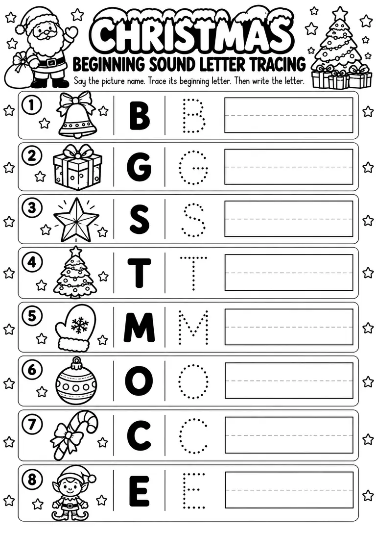 Christmas Beginning Sound Letter Tracing for Preschool, Pre-K, Kindergarten