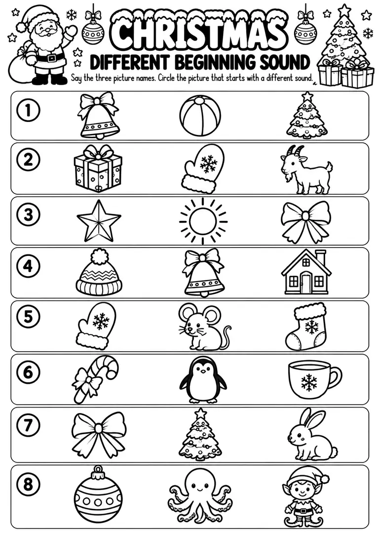 Christmas Different Beginning Sound for Preschool, Pre-K, Kindergarten