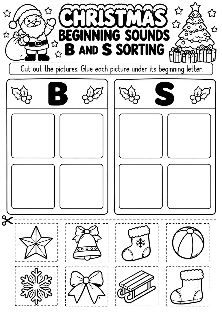 Christmas Beginning Sounds B and S Sorting for Preschool, Pre-K, Kindergarten