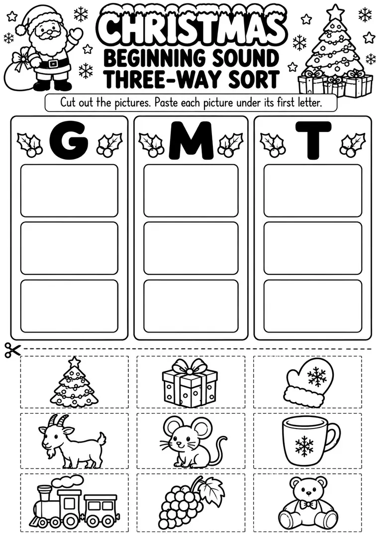Christmas Beginning Sound Three-Way Sort for Preschool, Pre-K, Kindergarten