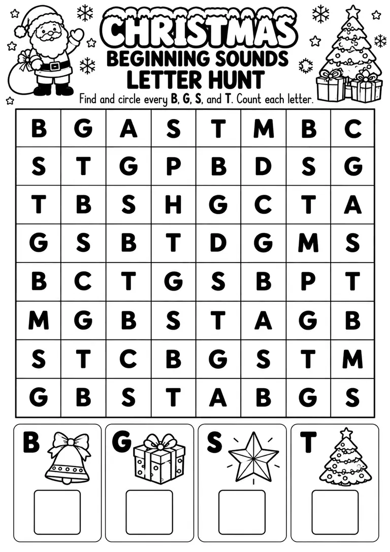 Christmas Beginning Sounds Letter Hunt for Preschool, Pre-K, Kindergarten