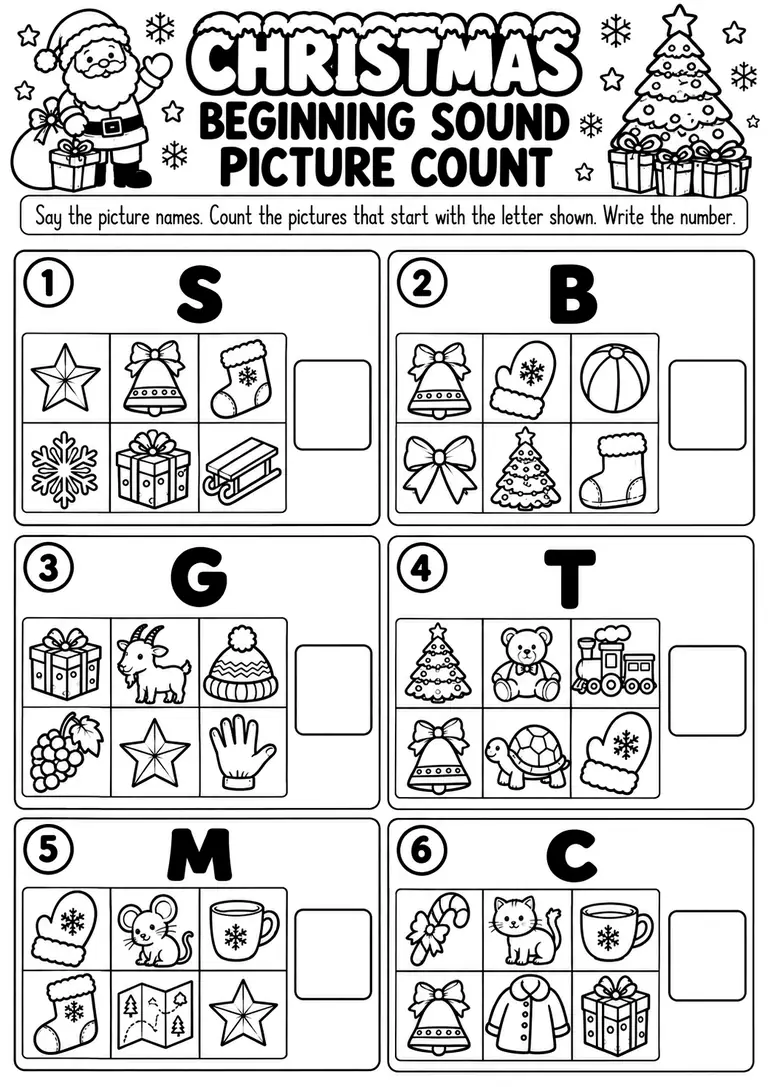 Christmas Beginning Sound Picture Count for Preschool, Pre-K, Kindergarten