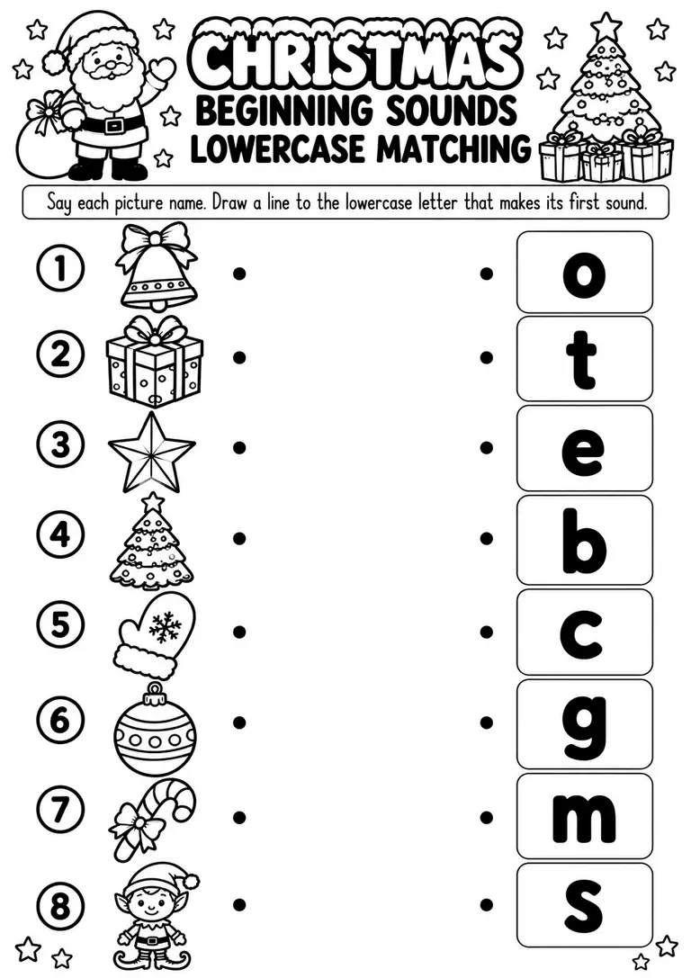 Christmas Beginning Sounds Lowercase Matching for Preschool, Pre-K, Kindergarten