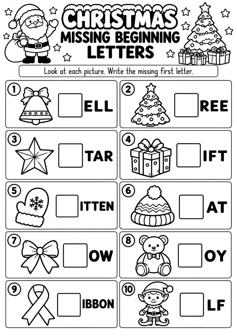 Christmas Missing Beginning Letters WORKSHEET for Preschool, Pre-K, Kindergarten