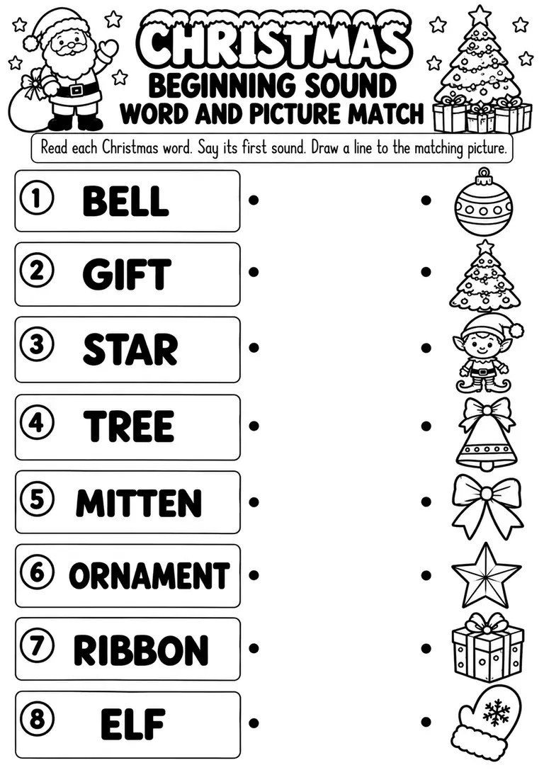 Christmas Beginning Sound Word and Picture Match for Preschool, Pre-K, Kindergarten