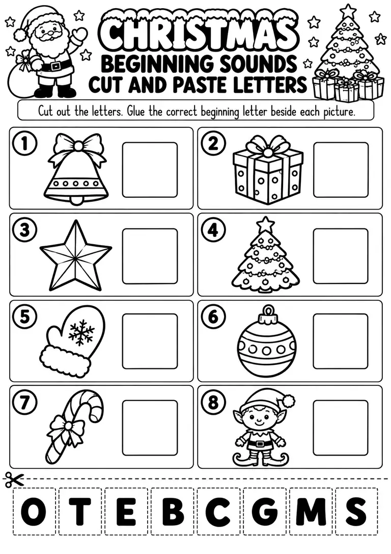 Christmas Beginning Sounds Cut and Paste Letters for Preschool, Pre-K, Kindergarten
