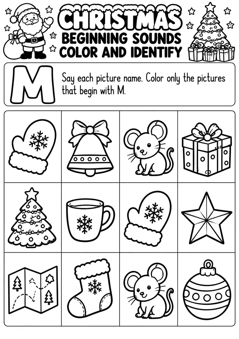 Christmas Beginning Sounds Color and Identify for Preschool, Pre-K, Kindergarten