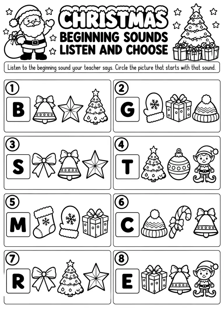 Christmas Beginning Sounds Listen and Choose for Preschool, Pre-K, Kindergarten