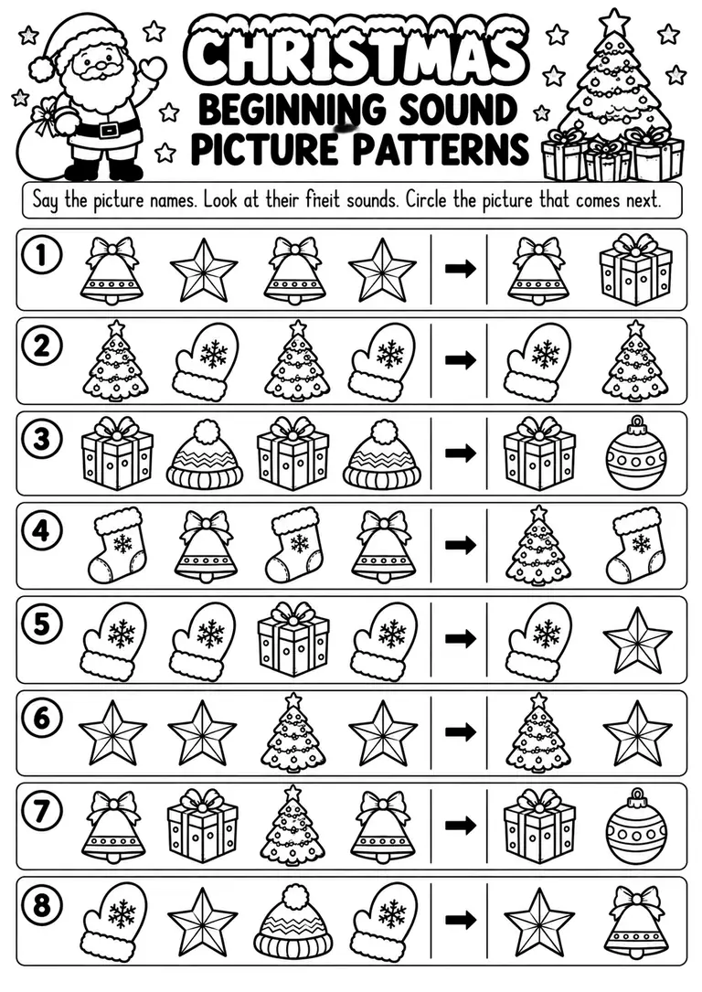 Christmas Beginning Sound Picture Patterns for Preschool, Pre-K, Kindergarten