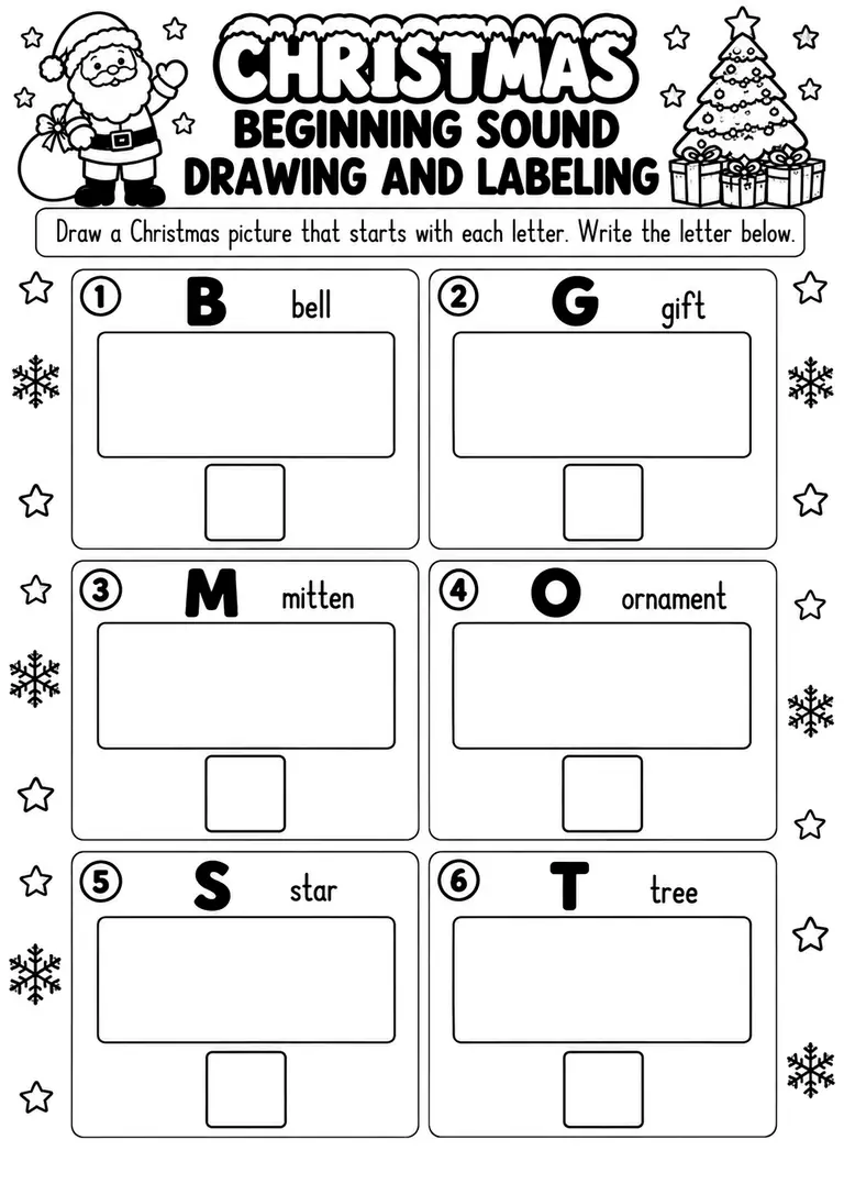 Christmas Beginning Sound Drawing and Labeling for Preschool, Pre-K, Kindergarten
