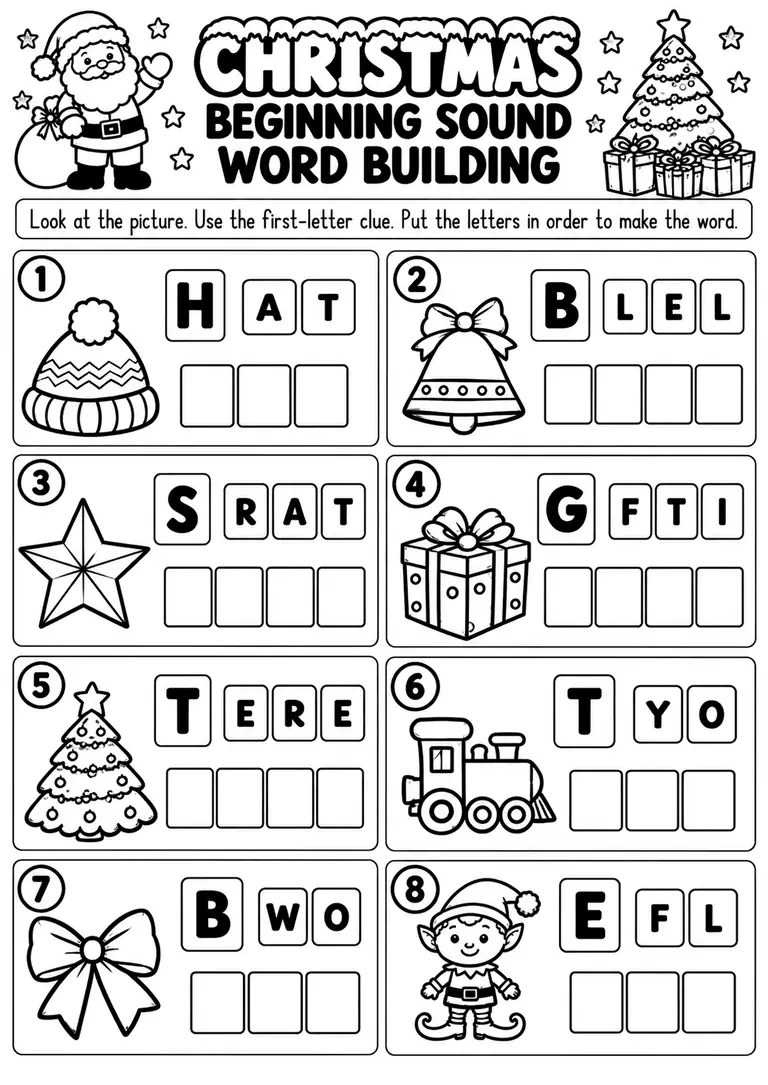 Christmas Beginning Sound Word Building for Preschool, Pre-K, Kindergarten