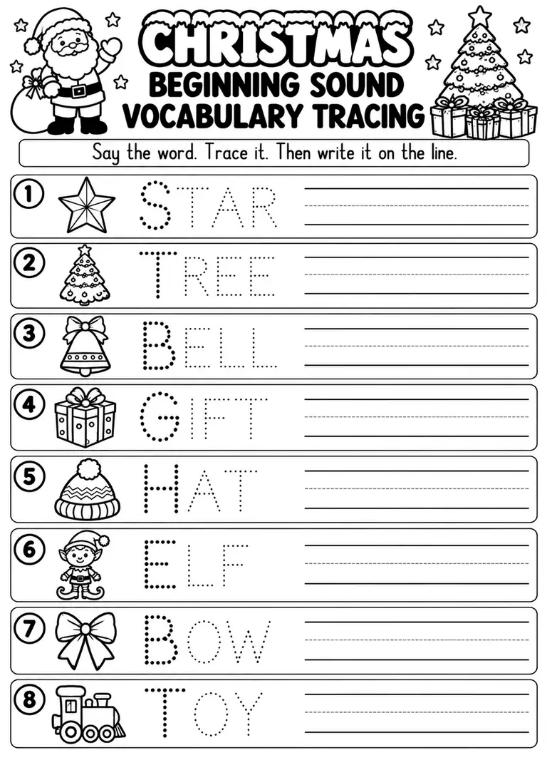 Christmas Beginning Sound Vocabulary Tracing for Preschool, Pre-K, Kindergarten