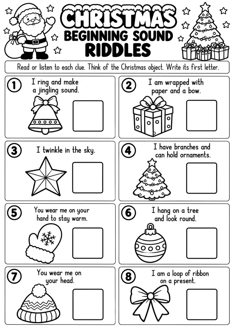 Christmas Beginning Sound Riddles for Preschool, Pre-K, Kindergarten