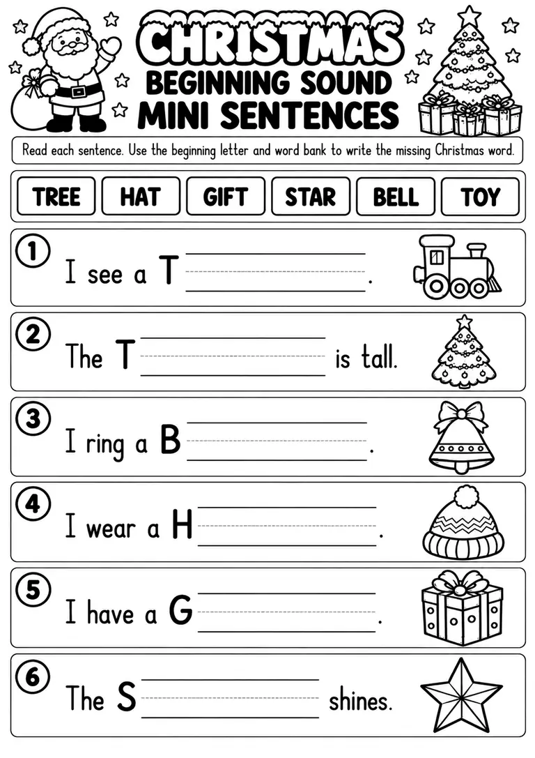 Christmas Beginning Sounds Mini Sentences for Preschool, Pre-K, Kindergarten