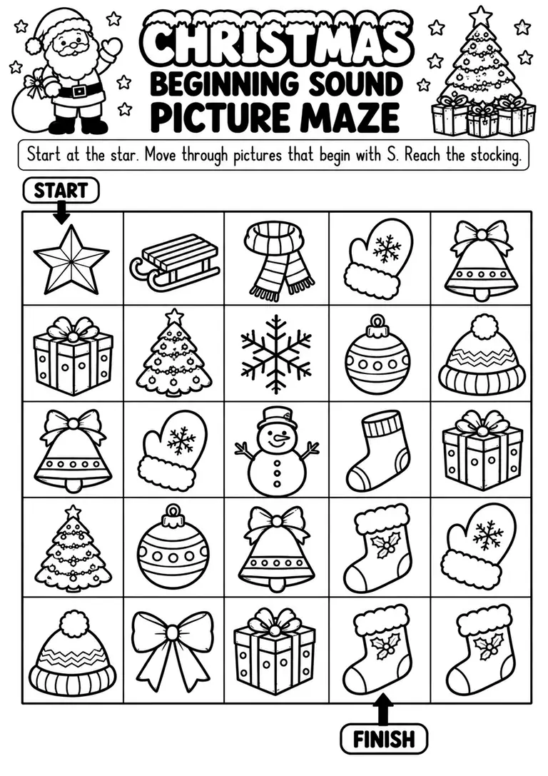 Christmas Beginning Sounds Picture Maze for Preschool, Pre-K, Kindergarten