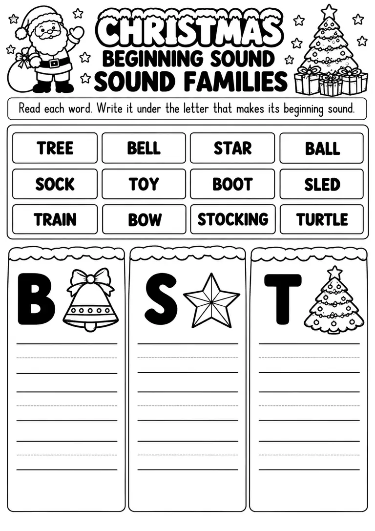 Christmas Beginning Sounds Sound Families for Preschool, Pre-K, Kindergarten