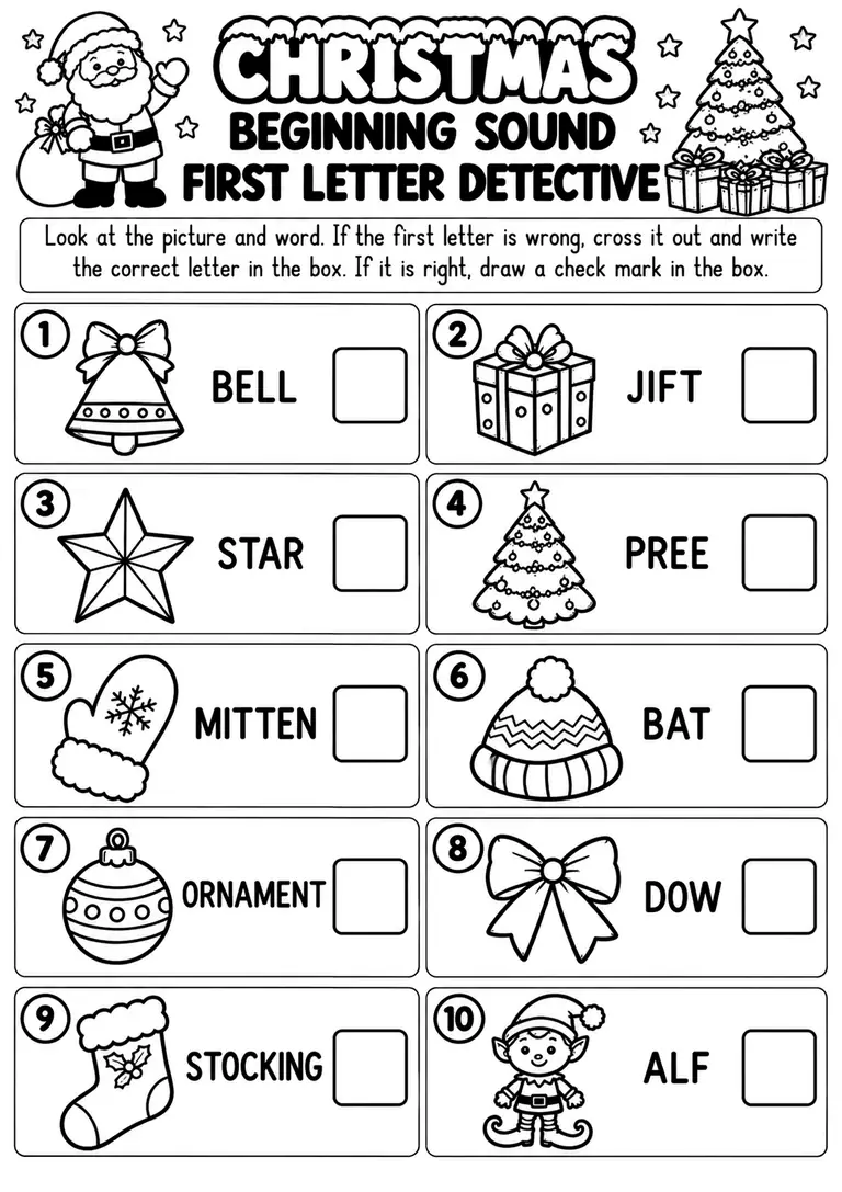 Christmas Beginning Sounds First Letter Detective for Preschool, Pre-K, Kindergarten