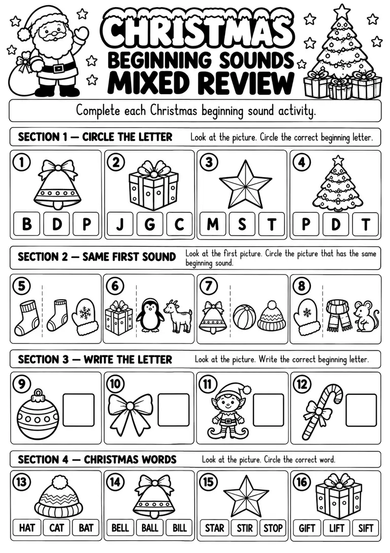 Christmas Beginning Sounds Mixed Review for Preschool, Pre-K, Kindergarten