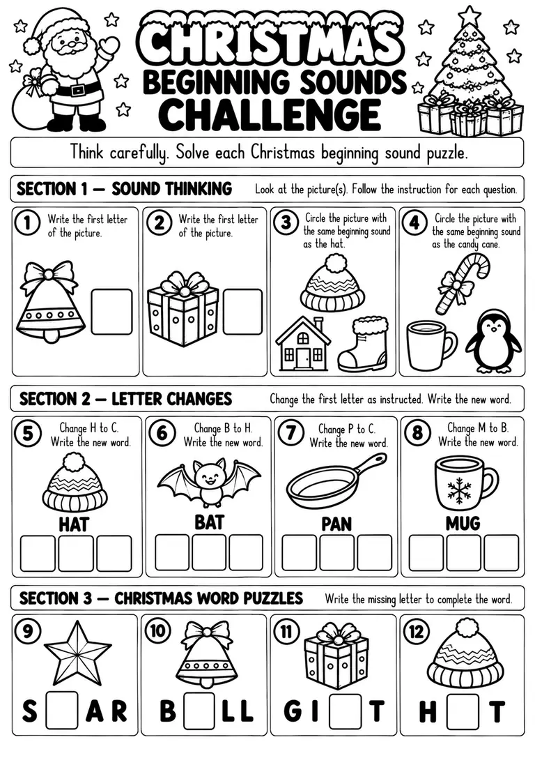 Christmas Beginning Sounds Challenge for Preschool, Pre-K, Kindergarten
