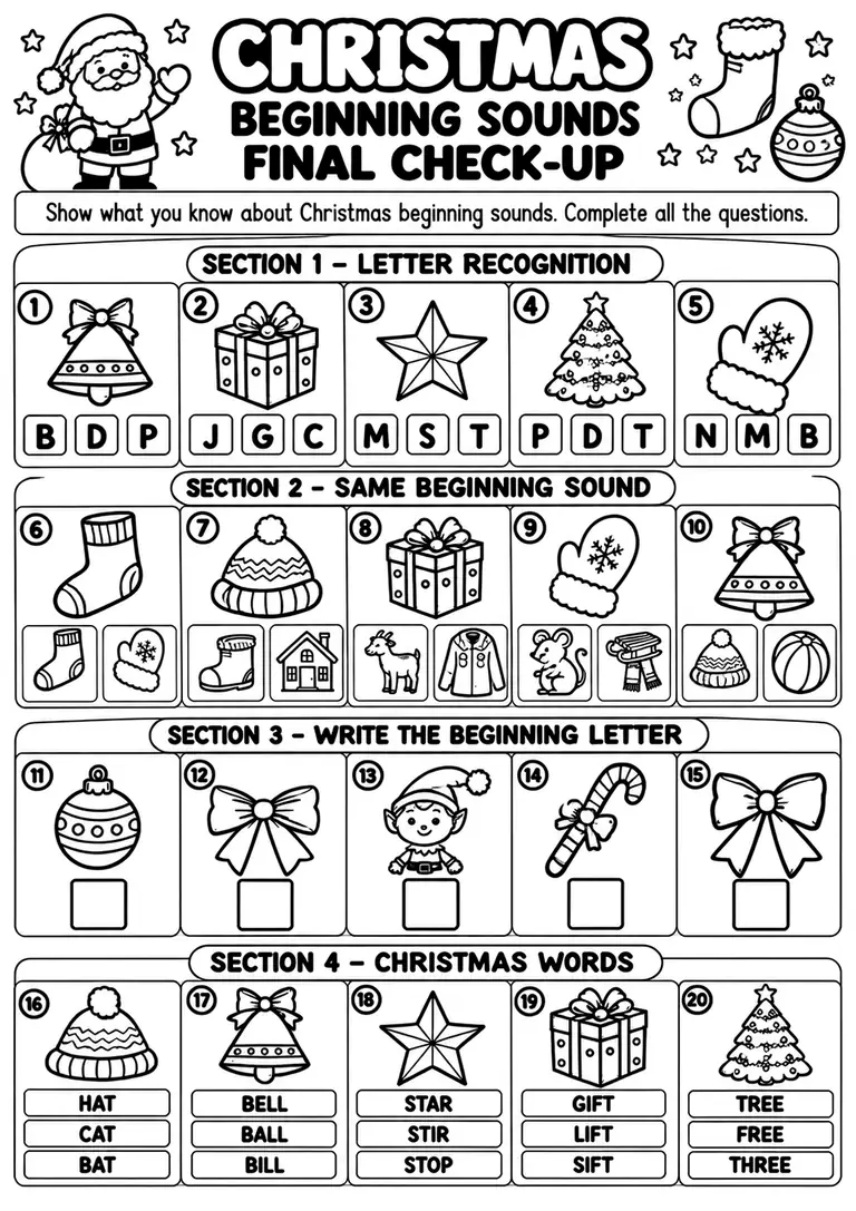 Christmas Beginning Sounds Final Check-Up for Preschool, Pre-K, Kindergarten