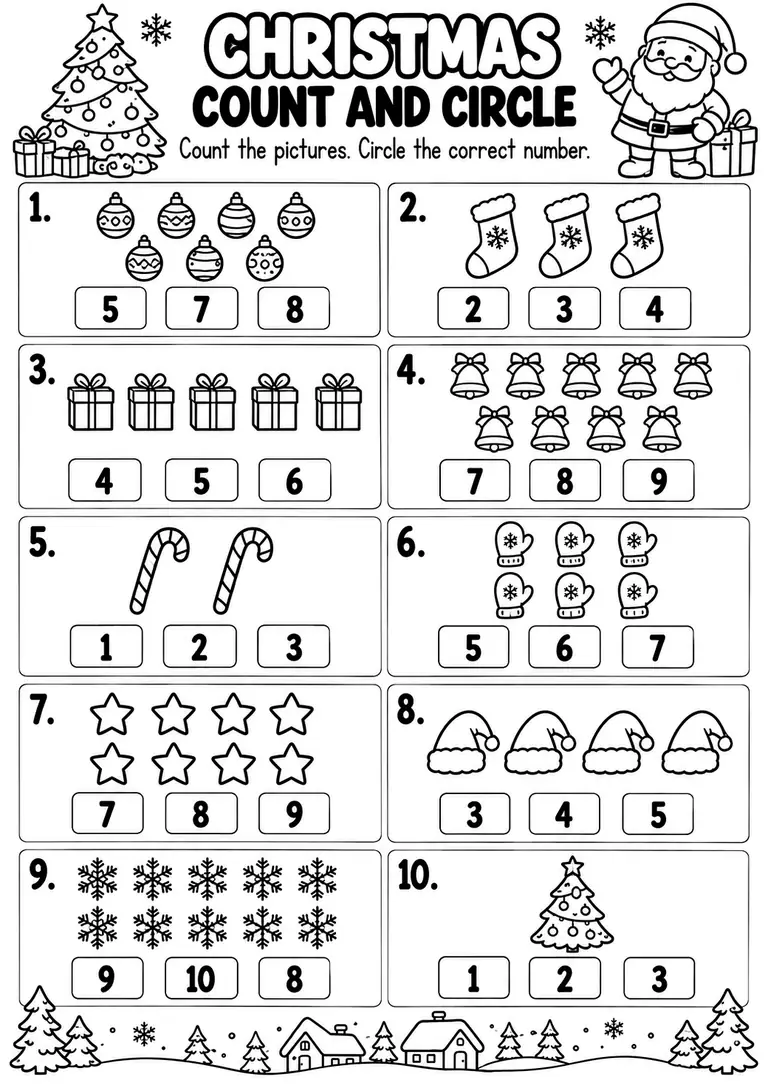 CHRISTMAS COUNT AND CIRCLE WORKSHEET for Pre-K, Kindergarten, 1st Grade
