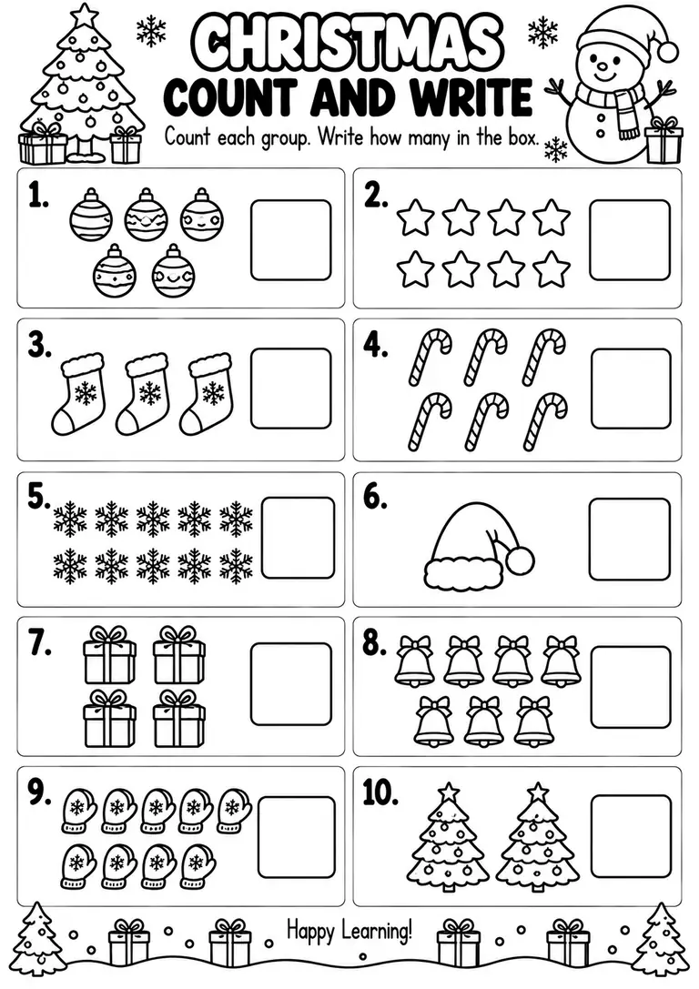 CHRISTMAS COUNT AND WRITE PRINTABLE for Pre-K, Kindergarten, 1st Grade
