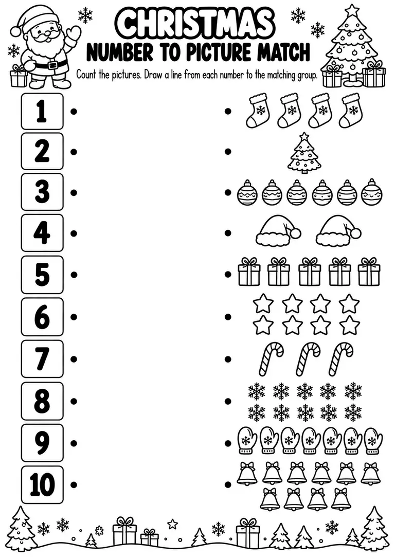 CHRISTMAS NUMBER TO PICTURE MATCH for Pre-K, Kindergarten, 1st Grade