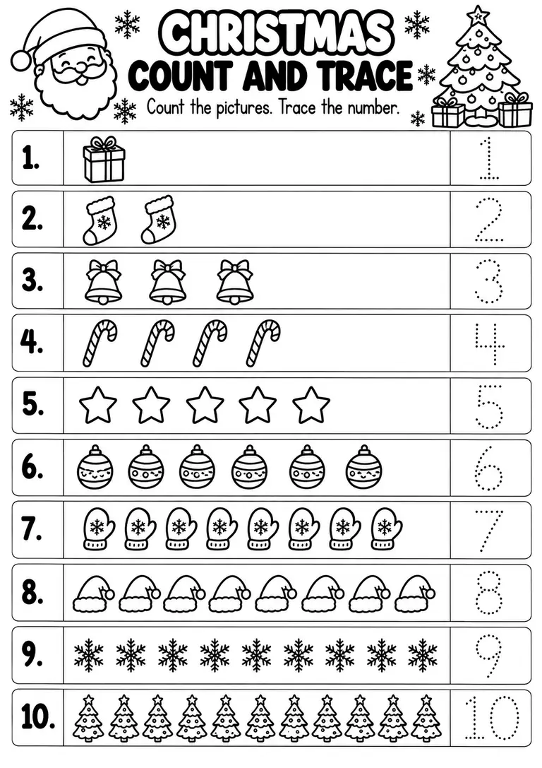 CHRISTMAS COUNT AND TRACE for Pre-K, Kindergarten, 1st Grade