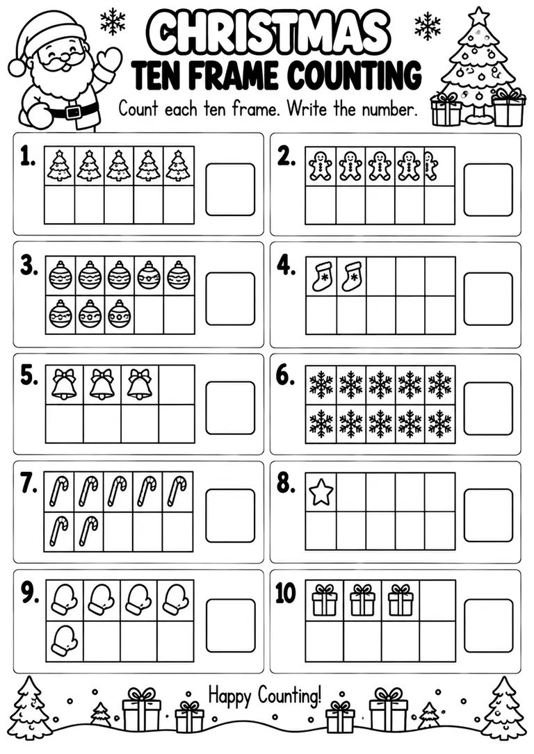 CHRISTMAS TEN FRAME COUNTING for Pre-K, Kindergarten, 1st Grade