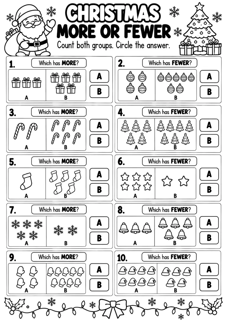 CHRISTMAS MORE OR FEWER for Pre-K, Kindergarten, 1st Grade