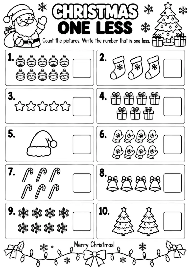 CHRISTMAS ONE LESS for Pre-K, Kindergarten, 1st Grade