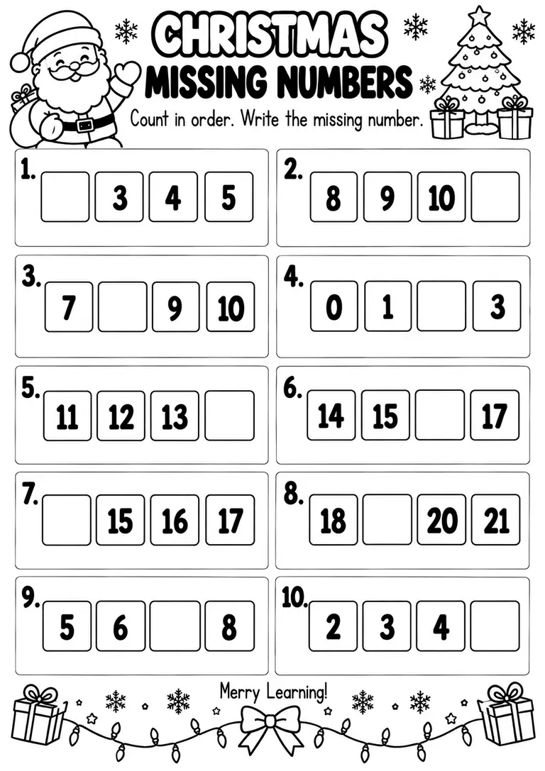 CHRISTMAS MISSING NUMBERS PRINTABLE for Pre-K, Kindergarten, 1st Grade