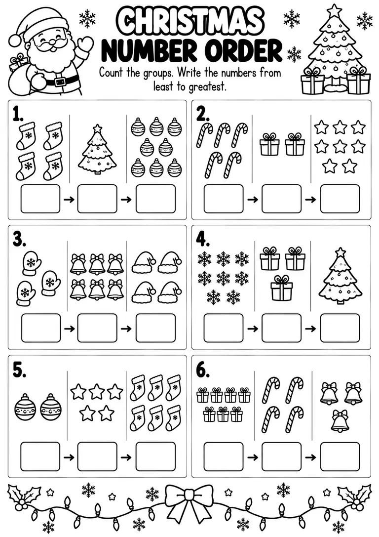 CHRISTMAS NUMBER ORDER WORKSHEET for Pre-K, Kindergarten, 1st Grade
