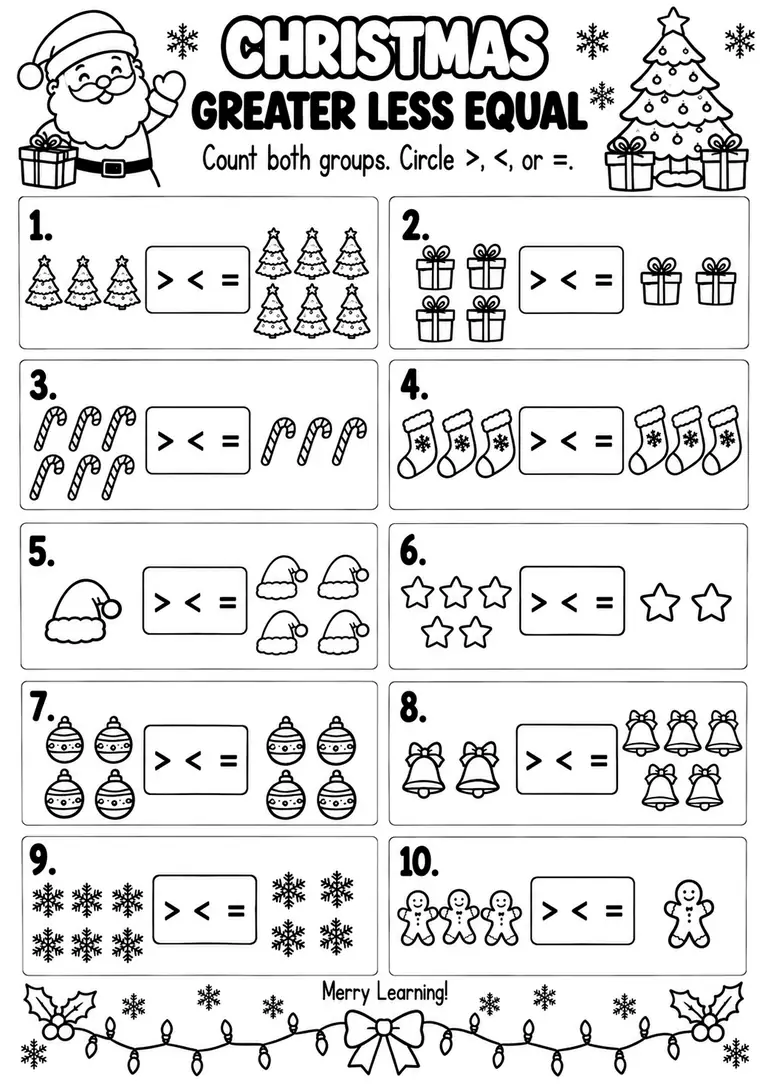CHRISTMAS GREATER LESS EQUAL for Pre-K, Kindergarten, 1st Grade