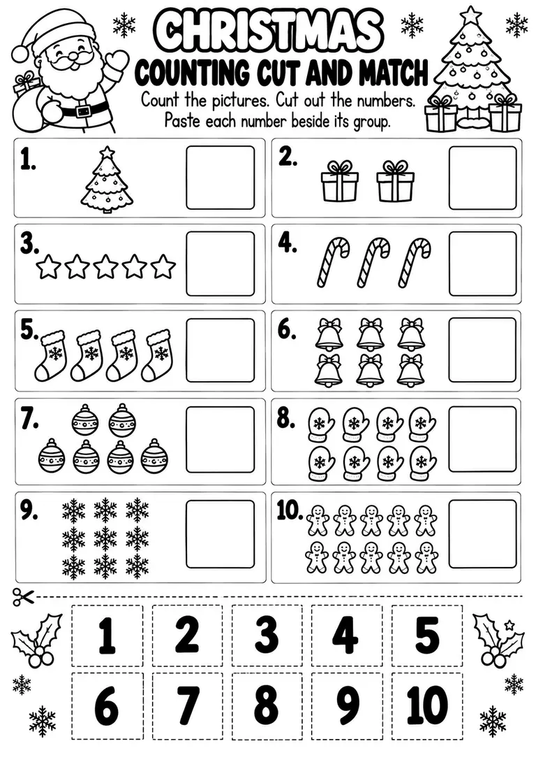 CHRISTMAS COUNTING CUT AND MATCH for Pre-K, Kindergarten, 1st Grade