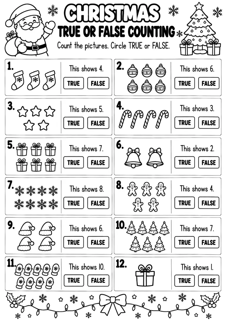 CHRISTMAS TRUE OR FALSE COUNTING for Pre-K, Kindergarten, 1st Grade